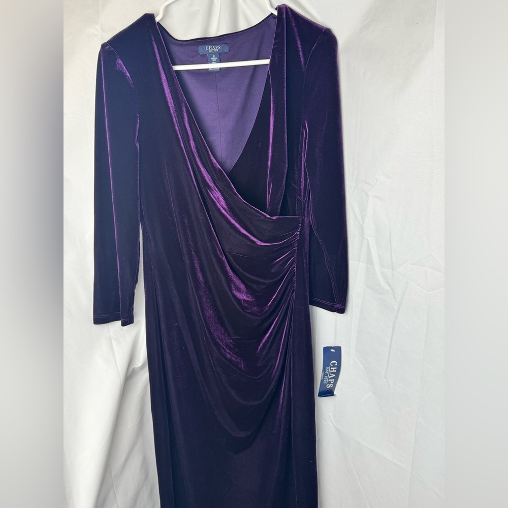 CHAPS x Ralph Lauren velvet draped faux-wrap dress in the color Plum, Size 8 NWT